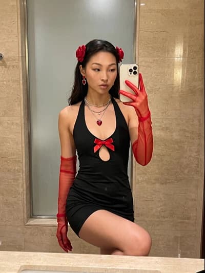 NSFW AI Image Generator: Ai Asian Girlfriend Black Dress Red Rose Gloves