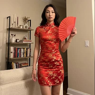 AI Companion: Ai Asian Girlfriend Red Cheongsam Dress Fan Pose