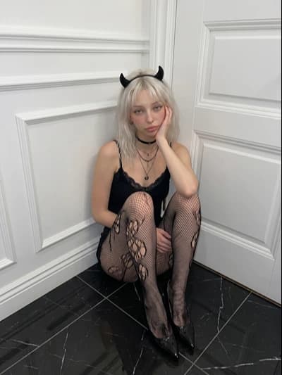 Create your own AI girl: Kinky Ai Girlfriend Blonde Devil Horns Black Slip